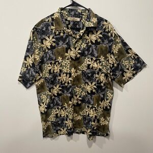 Tommy Bahama Silk‎ Button Down Shirt Floral Tropical Black Green Mens L